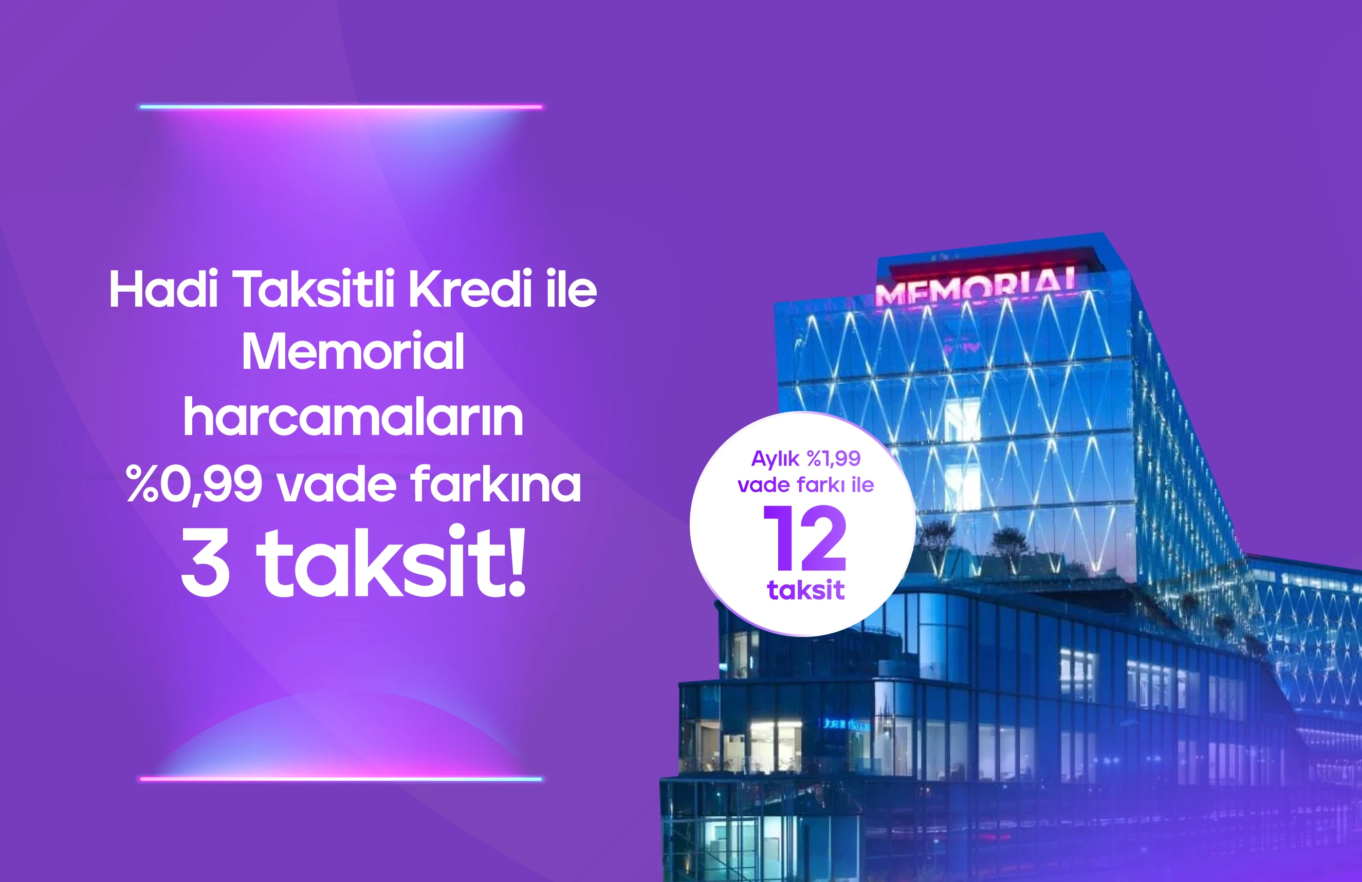 Hadi Taksitli Sağlık Kredisi ile Memorial harcamaların %0,99 vade farkına 3 taksit!